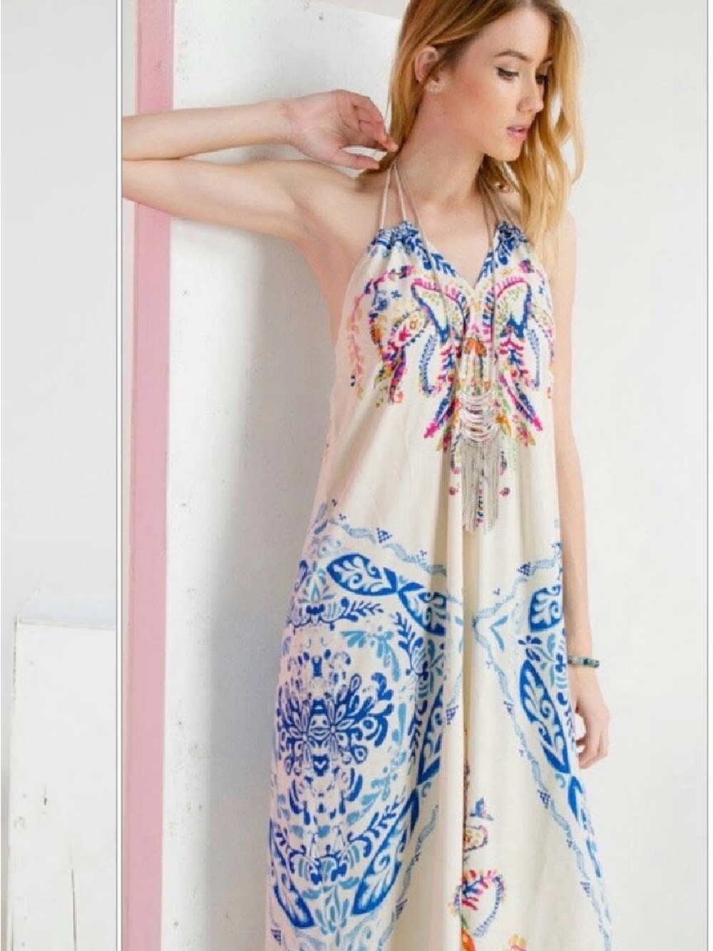 Boho Embroidered Cream Wide-Leg maxi dress  with Blue Print